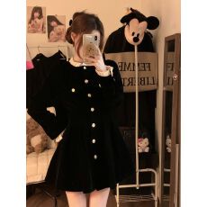 批发法式丝绒<b class='q'>连衣裙</b>女长袖小黑裙2025秋冬新款单排扣设计收腰显瘦气质