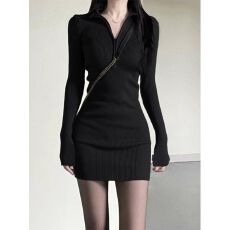 批发优质质量 小妈风连衣裙女<b class='q'>包臀</b>裙新款黑色修身裙子辣妹秋季连衣裙