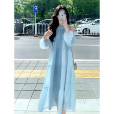 批发优质质量 海边度假连衣裙夏季甜美温柔风法式气质绝美露肩沙滩裙