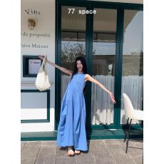 批发优质质量  风气质<b class='q'>蓝色</b>背心<b class='q'>连衣裙</b>夏季新款设计感收腰显瘦a字长裙