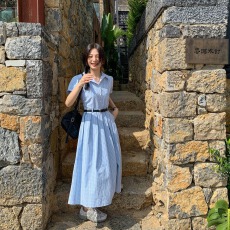 批发优质质量  <b class='q'>蓝色</b>条纹衬衫<b class='q'>连衣裙</b>女夏季收腰小众设计感法式气质长裙