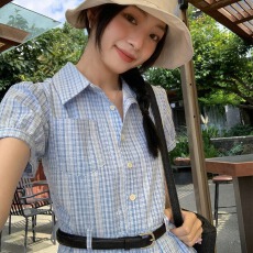 批发优质质量  蓝色条纹衬衫<b class='q'>连衣</b>裙女夏季收腰小众设计感法式气质<b class='q'>长裙</b>