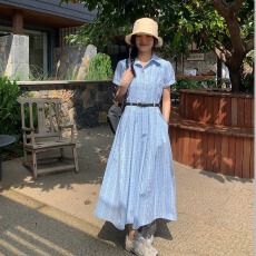 批发优质质量  蓝色条纹衬衫<b class='q'>连衣裙</b>女夏季收腰小众设计感法式气质长裙