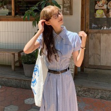 批发优质质量  <b class='q'>蓝色</b>条纹衬衫<b class='q'>连衣裙</b>女夏季收腰小众设计感法式气质长裙