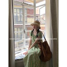 批发优质质量  绿色格子泡泡袖连衣裙女夏泰式多巴胺海边度假<b class='q'>棉麻</b><b class='q'>长裙</b>