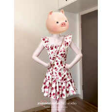 批发法式度假风红色小飞袖碎花<b class='q'>连衣裙</b>女夏季小个子收腰显瘦沙滩短裙子