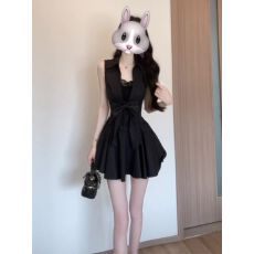 批发御姐赫本风黑色polo衬衫无袖连衣裙气质超好看收腰a字蓬蓬短裙子