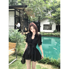 批发御姐赫本风黑色polo衬衫无袖连衣裙气质超好看收腰a字蓬蓬短裙子
