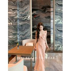 批发蕾丝拼接吊带<b class='q'>连衣裙</b>女夏季<b class='q'>荷叶边</b>鱼尾裙黑色收腰裙子纯欲包臀长裙