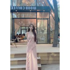 批发蕾丝拼接吊带<b class='q'>连衣裙</b>女夏季<b class='q'>荷叶边</b>鱼尾裙黑色收腰裙子纯欲包臀长裙