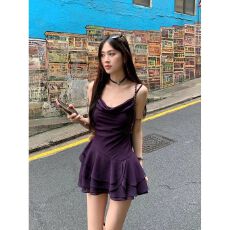 批发原版面料  法式荡领无袖<b class='q'>吊带</b>连衣裙女夏季性感辣妹风露肩a字短裙