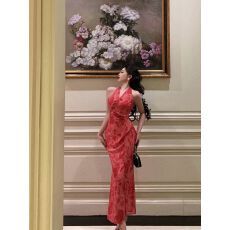 批发气质V领系带无袖挂脖连衣裙女夏绝美度假风收腰开叉碎花<b class='q'>背心</b><b class='q'>长裙</b>