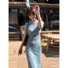 批发小个子150XS夏新中式包臀长裙收腰显身材波点<b class='q'>旗袍</b>短袖连衣裙约会