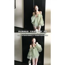 批发法式绿色荷叶边一字肩<b class='q'>衬衫女</b>夏季高级感宽松显瘦露肩吊带雪纺上衣