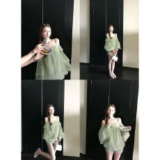 批发法式绿色荷叶边一字肩<b class='q'>衬衫</b>女夏季高级感宽松显瘦露肩吊带雪纺上衣