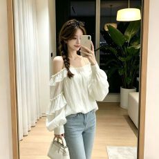 批发法式绿色荷叶边一字肩衬衫女夏季高级感<b class='q'>宽松</b>显瘦露肩吊带雪纺上衣