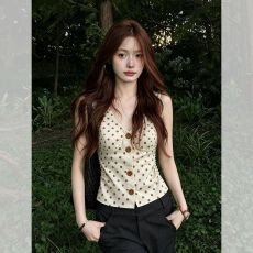 批发杏色波点<b class='q'>泰国</b>绝美外穿无袖挂脖吊带背心女士2026夏季辣妹穿搭上衣
