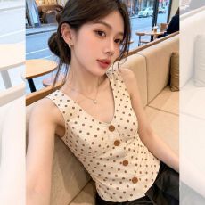 批发杏色波点<b class='q'>泰国</b>绝美外穿无袖挂脖吊带背心女士2026夏季辣妹穿搭上衣