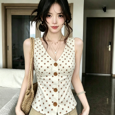 批发杏色波点<b class='q'>泰国</b>绝美外穿无袖挂脖吊带背心女士2026夏季辣妹穿搭上衣