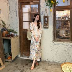 原版面料 夏季韩系设计感扭结衬衫+油画鱼尾半身裙两件套装女宽松