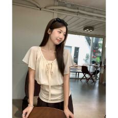 批发雪纺＋随心裁 假两件拼接系带v领荷叶袖衬衫女<b class='q'>收腰</b>显瘦气质上衣夏