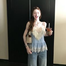 批发法式设计感重工蓝色蕾丝花边拼接荷叶边纯欲感<b class='q'>吊带</b>上衣