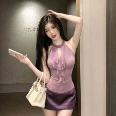 批发原版质量！蕾丝拼接荷叶边挂脖辣妹无袖背心女波点包臀裙两件套装