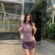 批发原版质量！蕾丝拼接荷叶边挂脖辣妹短袖背心女波点包臀裙两件套装
