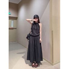 批发优质质量 套装灰色气质无袖背心宽松上衣女<b class='q'>夏</b>抽绳a字半身裙两件套