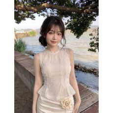 批发法式重工蕾丝拼接无袖背心女<b class='q'>夏</b>小众淑女风收腰气质上衣