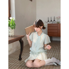 批发优质质量 少女飘带千金感拼接上衣女夏新款+百搭碎花<b class='q'>半身裙</b>褶裙夏