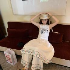 批发复古与童趣白色印花娃娃领华夫格无袖背心打底衫套头T恤女上衣