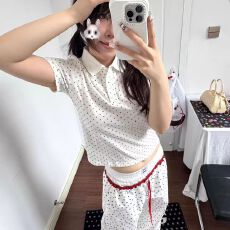 批发学院风<b class='q'>短</b>袖polo衫女夏季波点满印正肩t恤修身显瘦辣妹<b class='q'>短</b>款上衣女