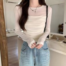 批发2025新款拼接<b class='q'>网纱</b>长袖t恤女薄款修身内搭短款<b class='q'>打底衫</b>春夏针织上衣