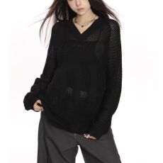 批发美式慵懒风V领防晒针织<b class='q'>罩衫</b>女春秋超好看数字提花款球服上衣