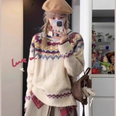 批发费尔岛新年穿搭厚毛衣女宽松秋冬季复古慵懒风软糯内搭针织衫上衣