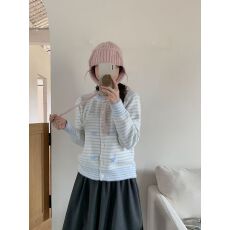 批发韩系穿搭蓝色<b class='q'>条纹</b>针织开衫女2025秋冬季新款慵懒宽松百搭毛衣外套