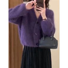 批发秋冬慵懒风<b class='q'>短</b>款加厚v领仿水貂绒针织衫外套韩版小众毛衣叠穿开衫