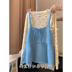 批发2025秋季韩系甜美减龄针织吊带马甲背心叠穿长袖<b class='q'>波点</b><b class='q'>衬衫</b>两件套装