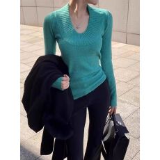 批发大码法式复古U领长袖针织衫女秋冬<b class='q'>修身</b>显瘦气质短款打底衫上衣潮