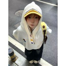 批发法式时尚高街设计感贴布绣连帽毛衣女秋冬小个子宽松休闲针织上衣