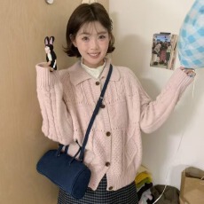 批发韩系甜美温柔粉色针织<b class='q'>开衫</b>毛衣女2025秋季翻领慵懒风<b class='q'>外</b>搭上衣外套