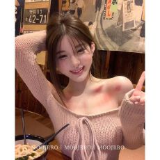 批发法式一字肩长袖针织衫女秋季修身纯欲气质绝美内搭打底衫短款上衣