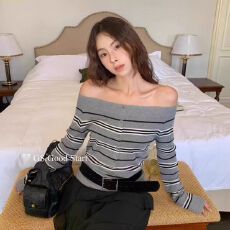 批发条纹一字领针织衫女装2025新款内搭打底衫韩系氛围感早秋上衣