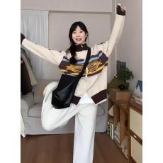 批发潮牌欧美<b class='q'>街头</b>撞色拼接高领开衫毛衣女美式复古高级感针织衫外套