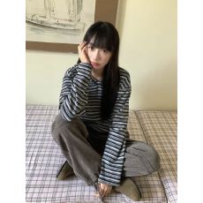批发【条纹帽衫】韩系校园风长袖t恤女INS超火秋冬保暖上衣<b class='q'>服</b>