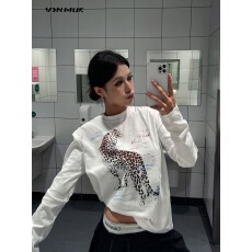 批发美式复古童趣豹子印花白色<b class='q'>长袖</b><b class='q'>T</b><b class='q'>恤</b>女秋季新款休闲打底衫上衣ins潮