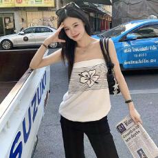 批发美式条纹花卉抹胸背心女露背夏日新款设计感小众<b class='q'>百搭</b>显瘦性感上衣