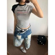 批发经典<b class='q'>欧美风</b>暗黑系朋克印花设计款短袖T恤女春季新款条纹拼接上衣