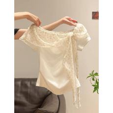 韩系学院风波点V领绑带上衣女2026夏季新款小个子正肩修身短袖T恤